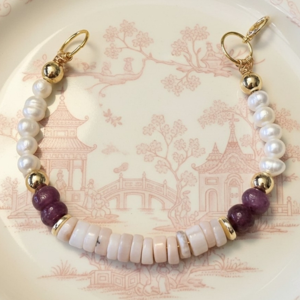 Nature's Pink Opal & Ruby W/ Baroque Pearls In Statement Gold Plated Bracelet